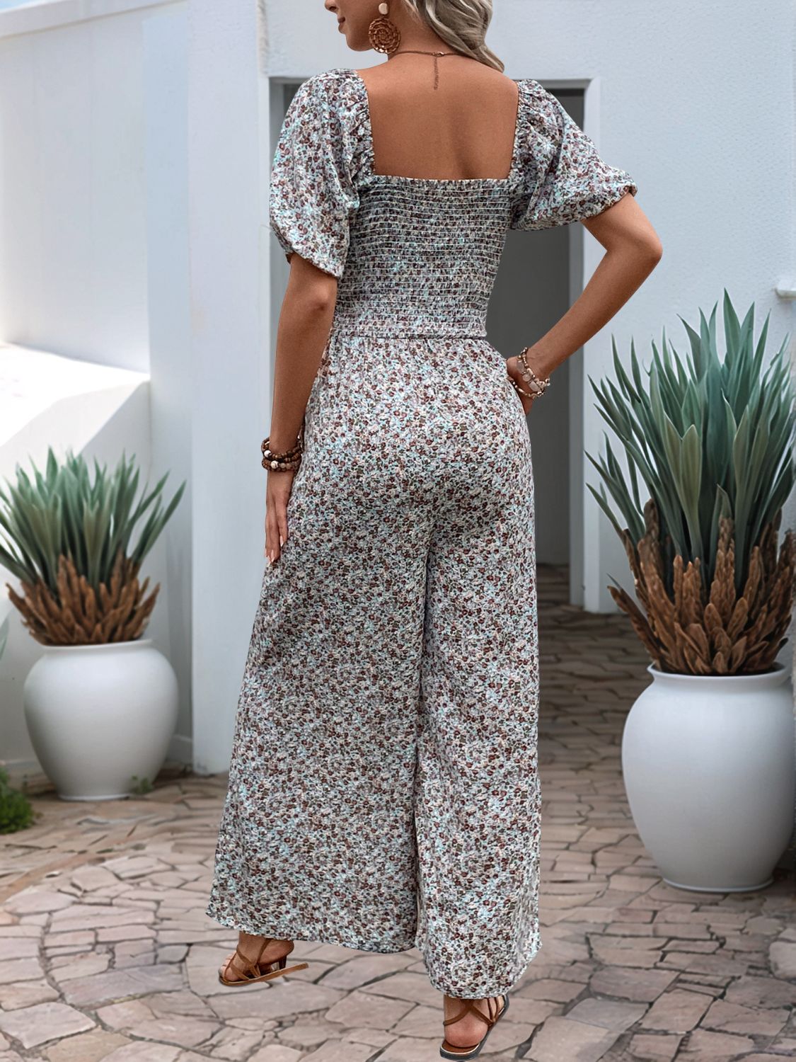 Perfee Ditsy Floral Smocked Square Neck Puff Sleeve Jumpsuit - ViarousViarousViarous