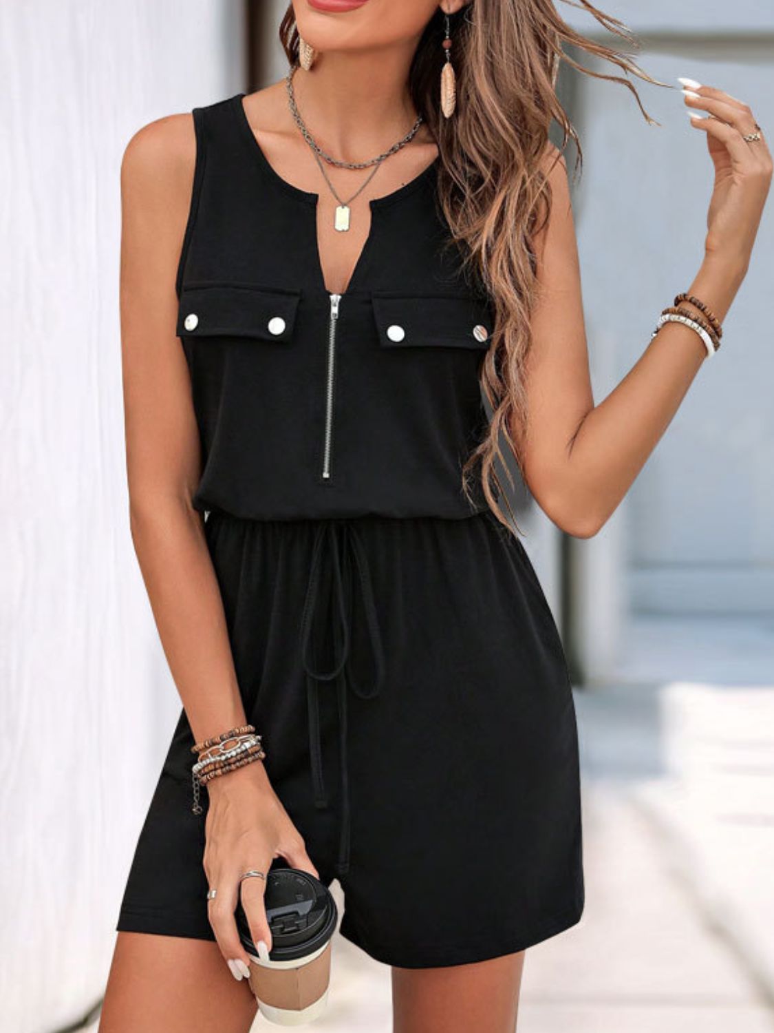Perfee Drawstring Half Zip Sleeveless Romper - ViarousViarousViarous