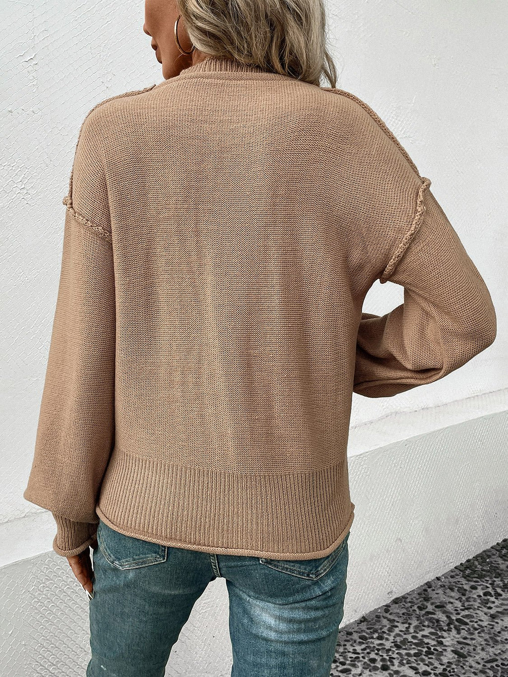 Perfee Exposed Seam Round Neck Sweater - ViarousViarousViarous