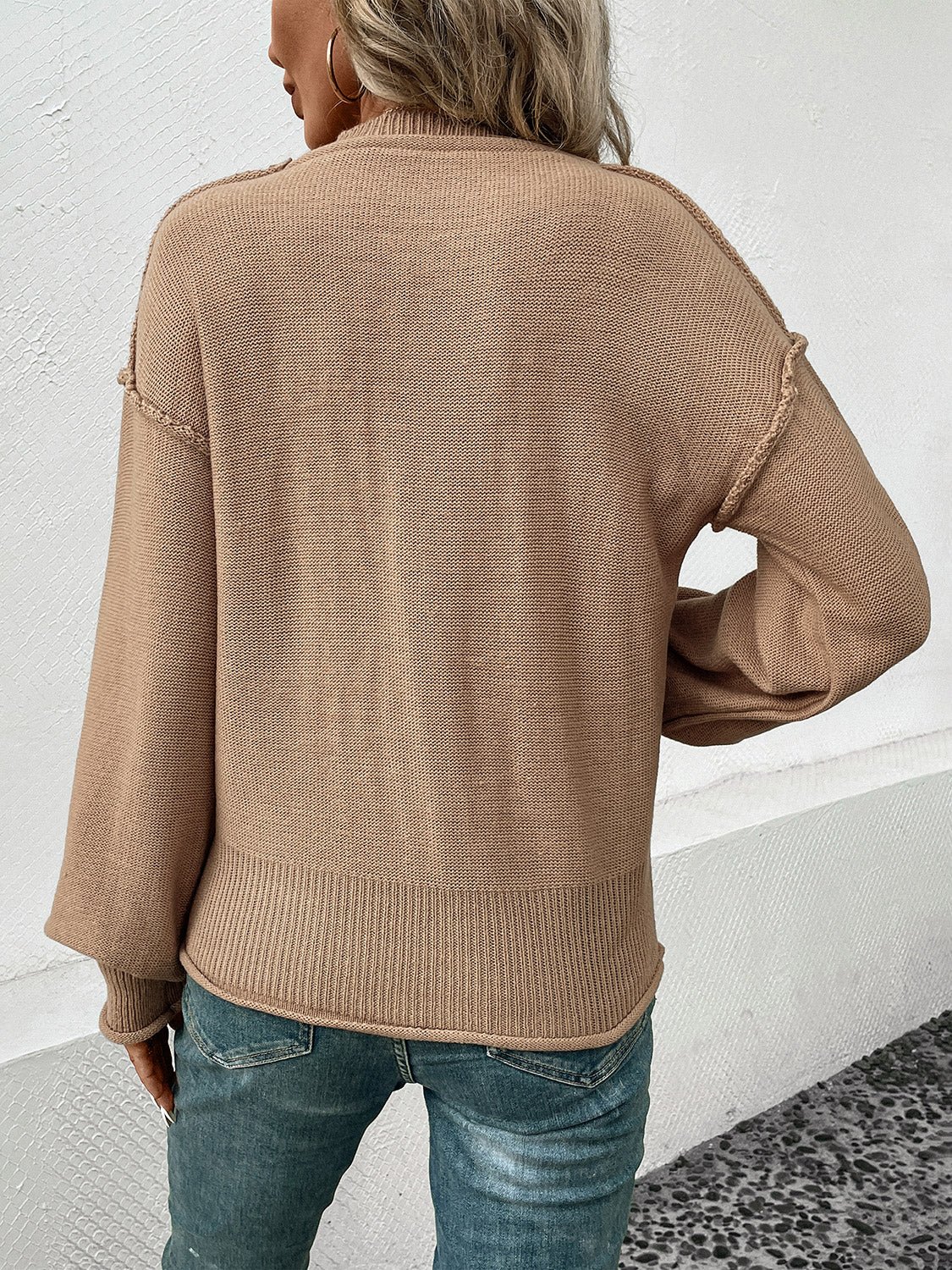 Perfee Exposed Seam Round Neck Sweater - ViarousViarousViarous
