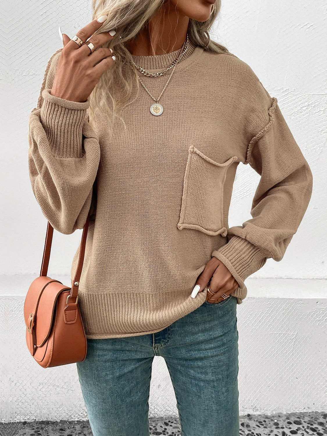 Perfee Exposed Seam Round Neck Sweater - ViarousViarousViarous