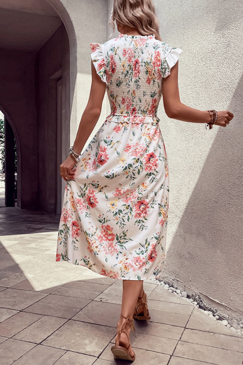 Perfee Floral Smocked Butterfly Sleeve Slit Dress - ViarousViarousViarous
