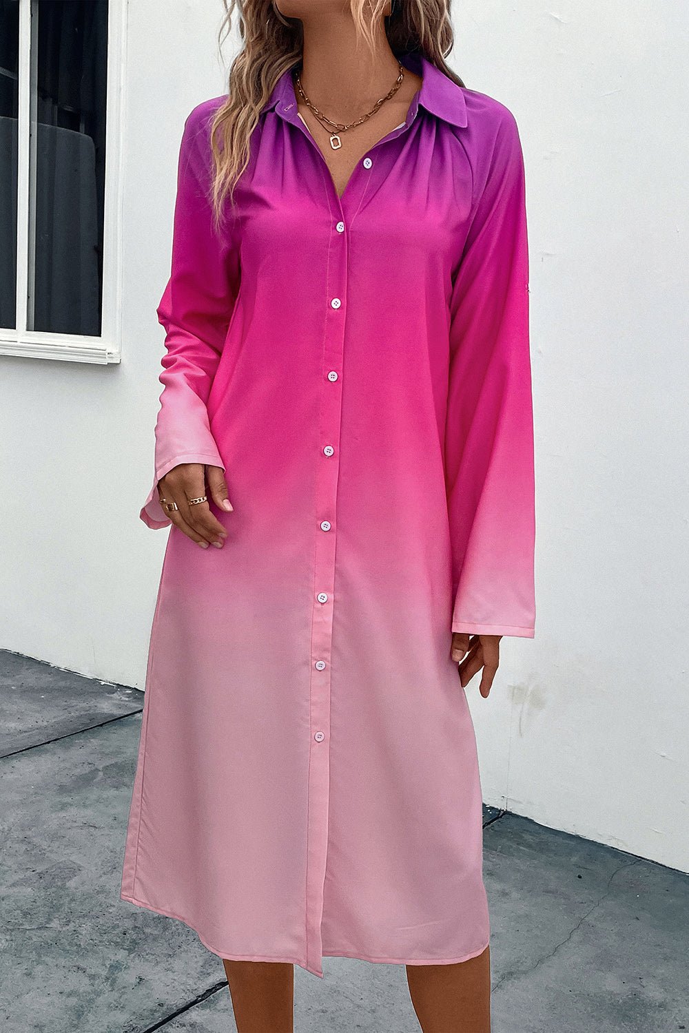 Perfee Gradient Long Sleeve Shirt Dress - ViarousViarousViarous