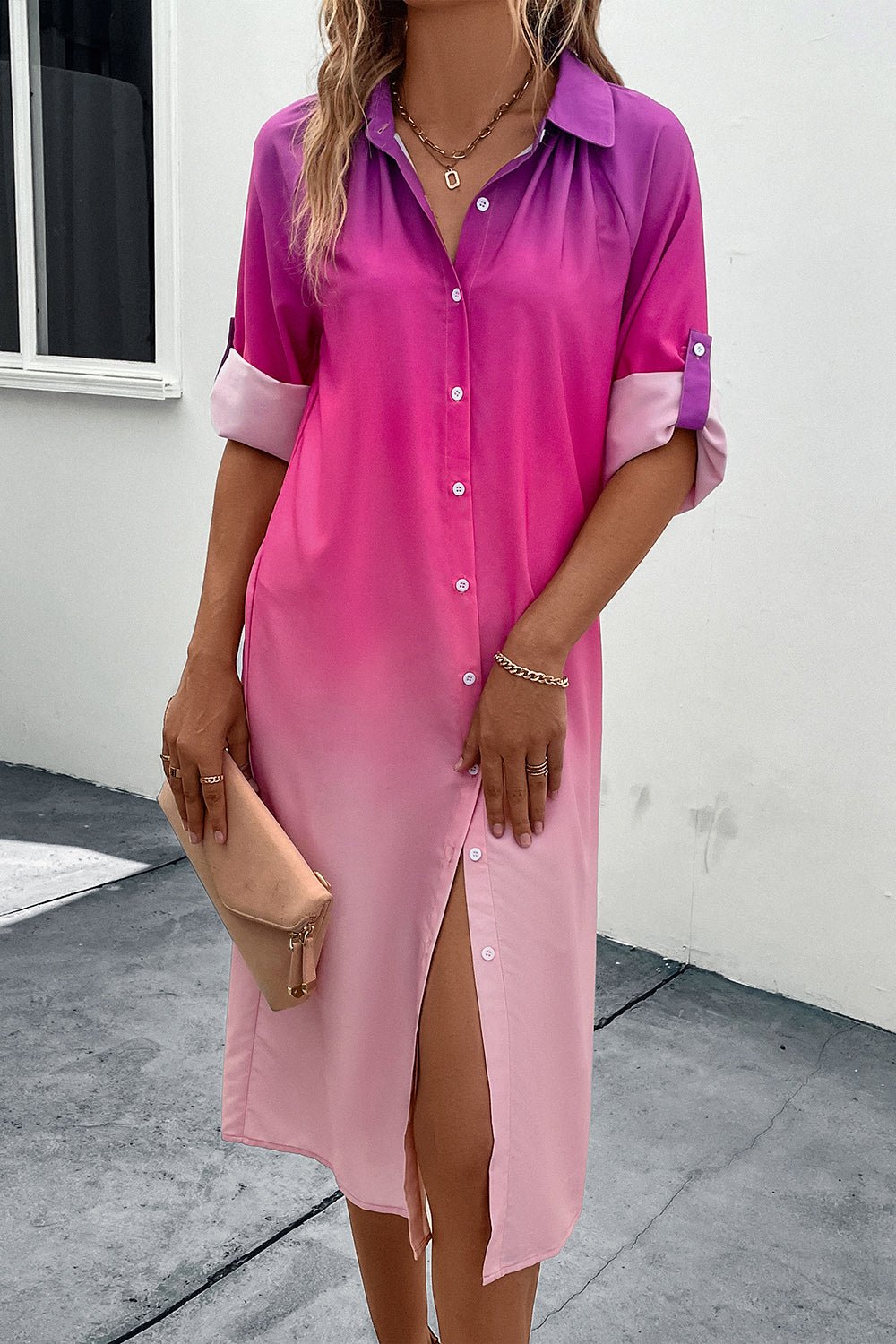 Perfee Gradient Long Sleeve Shirt Dress - ViarousViarousViarous