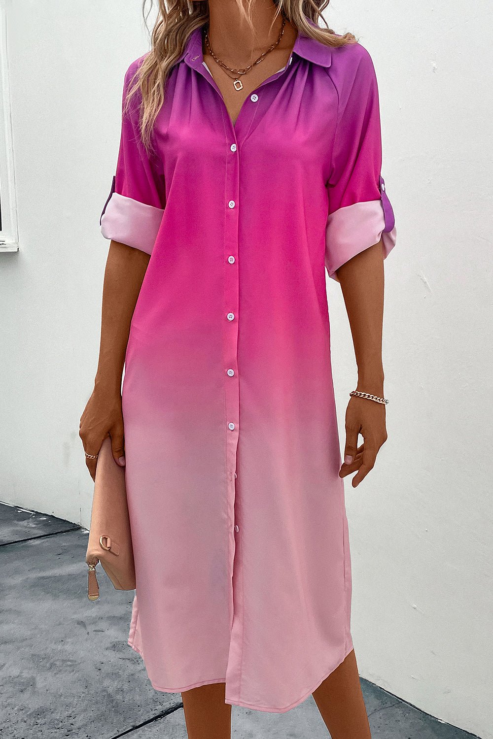Perfee Gradient Long Sleeve Shirt Dress - ViarousViarousViarous