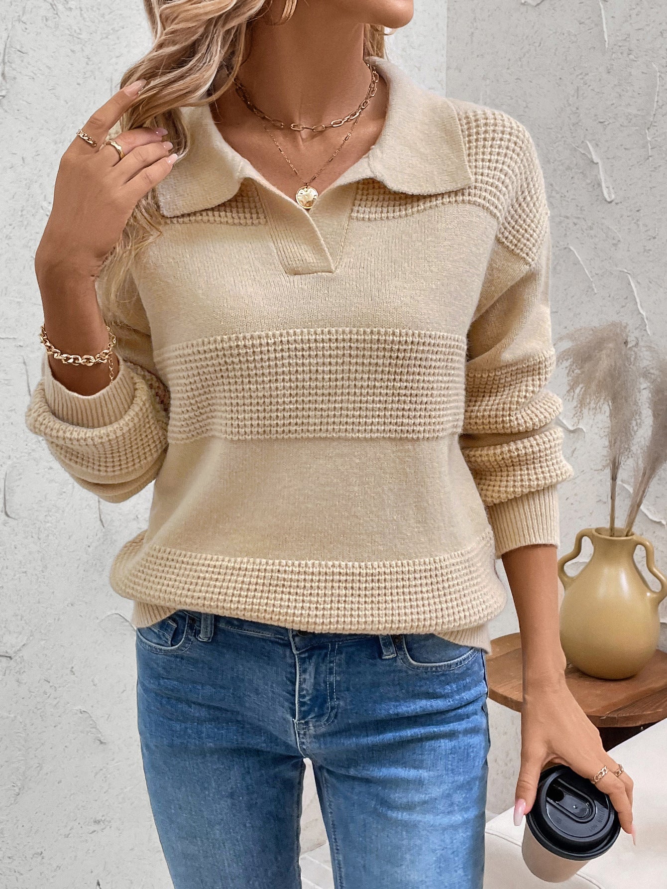 Perfee Johnny Collar Dropped Shoulder Sweater - ViarousViarousViarous