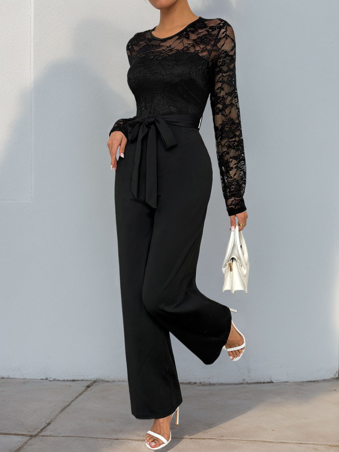 Perfee Lace Round Neck Long Sleeve Jumpsuit - ViarousViarousViarous