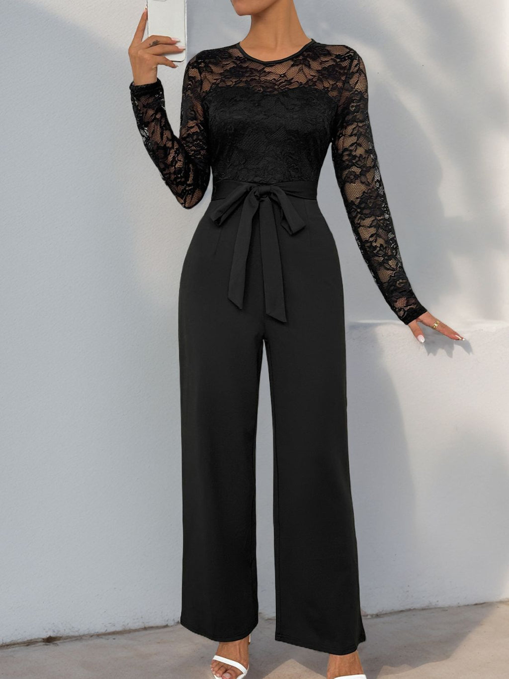 Perfee Lace Round Neck Long Sleeve Jumpsuit - ViarousViarousViarous