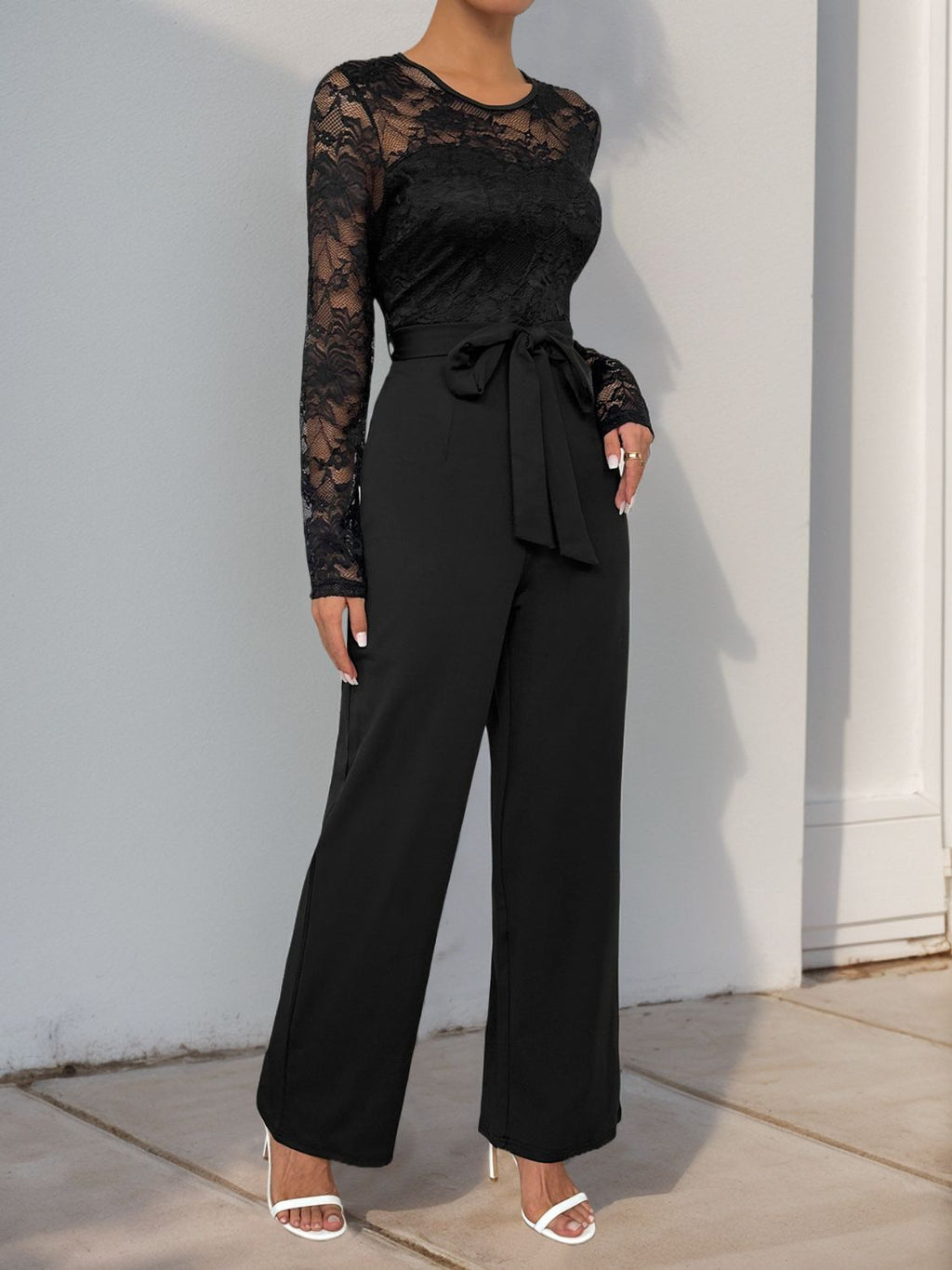 Perfee Lace Round Neck Long Sleeve Jumpsuit - ViarousViarousViarous