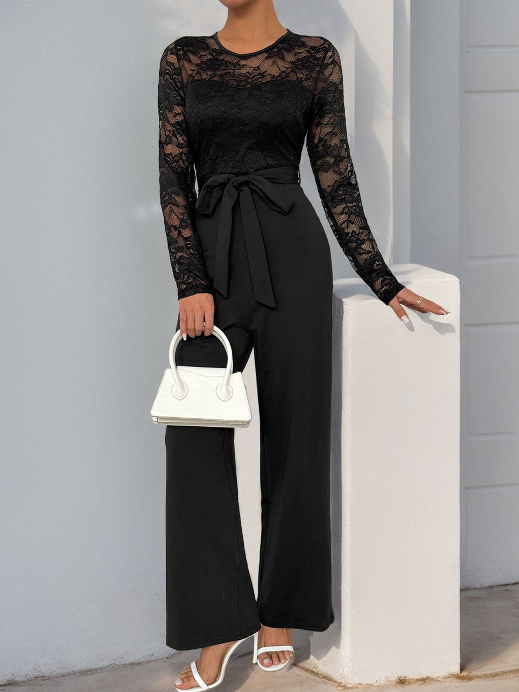 Perfee Lace Round Neck Long Sleeve Jumpsuit - ViarousViarousViarous
