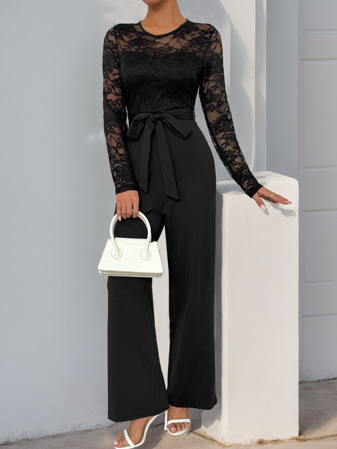 Perfee Lace Round Neck Long Sleeve Jumpsuit - ViarousViarousViarous