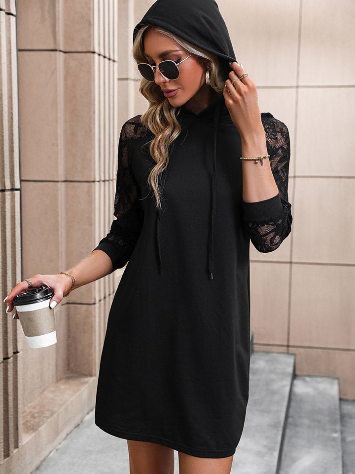 Perfee Lace Trim Long Sleeve Hooded Dress - ViarousViarousViarous