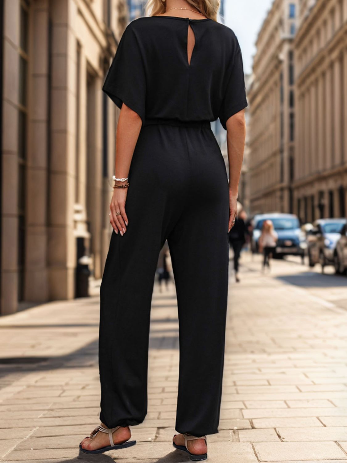 Perfee Notched Half Sleeve Straight Jumpsuit - ViarousViarousViarous