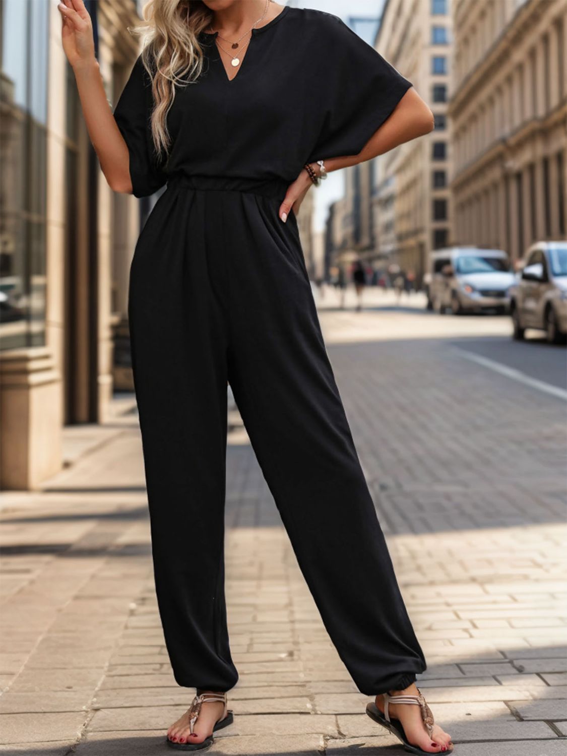 Perfee Notched Half Sleeve Straight Jumpsuit - ViarousViarousViarous