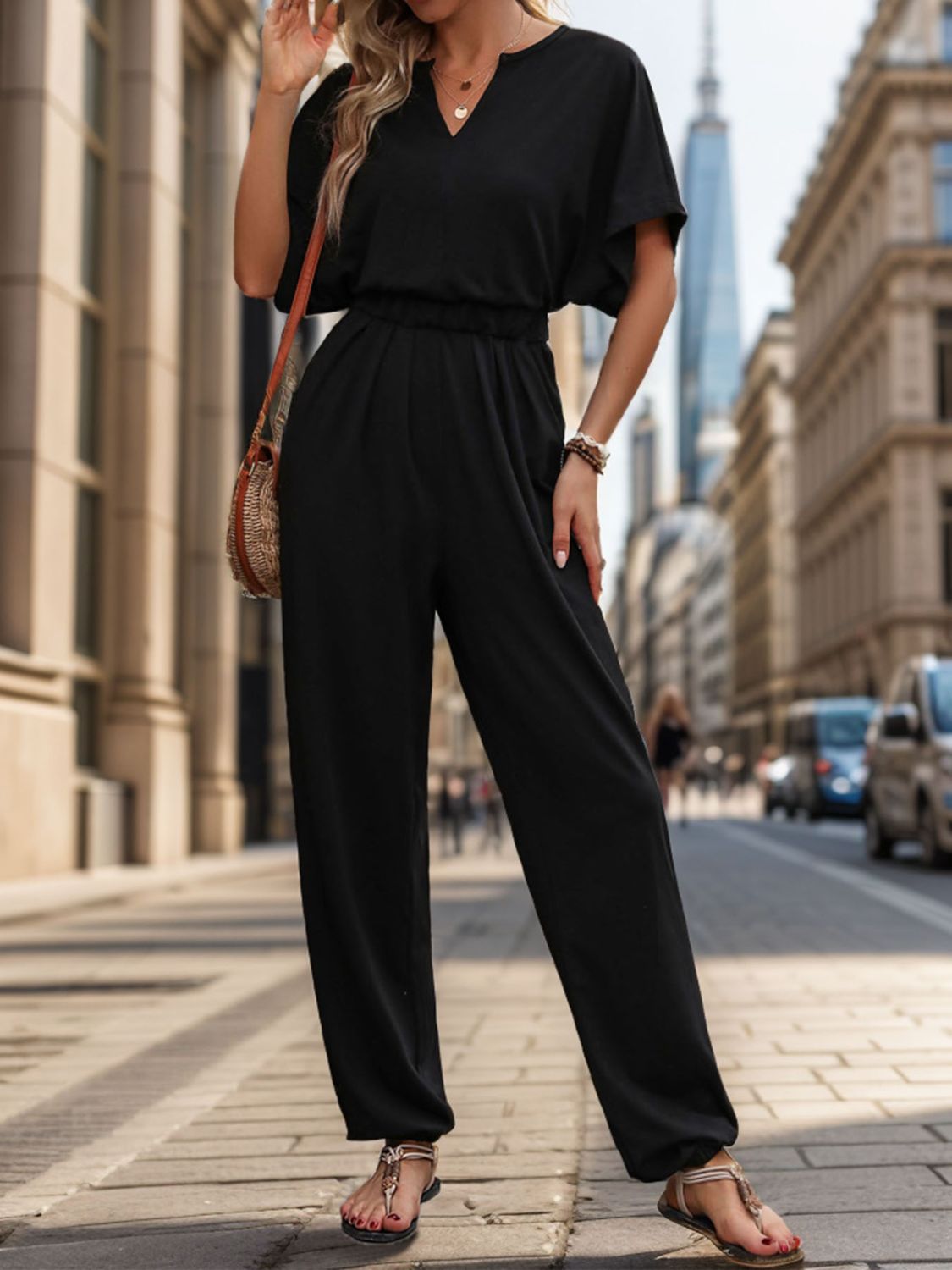 Perfee Notched Half Sleeve Straight Jumpsuit - ViarousViarousViarous