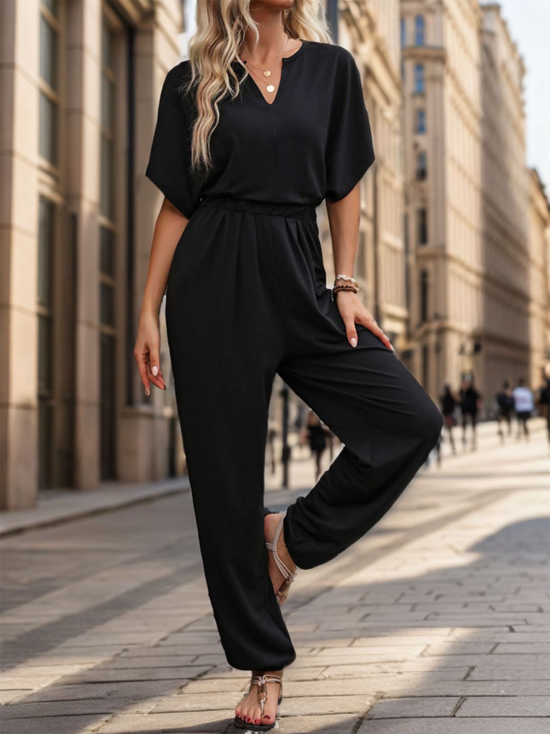 Perfee Notched Half Sleeve Straight Jumpsuit - ViarousViarousViarous