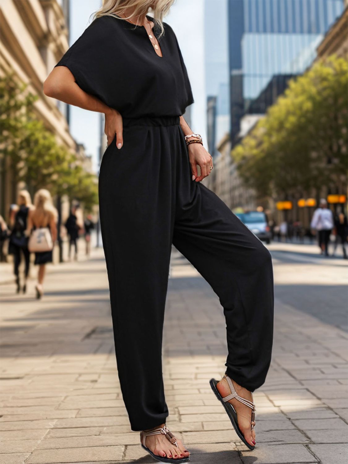 Perfee Notched Half Sleeve Straight Jumpsuit - ViarousViarousViarous