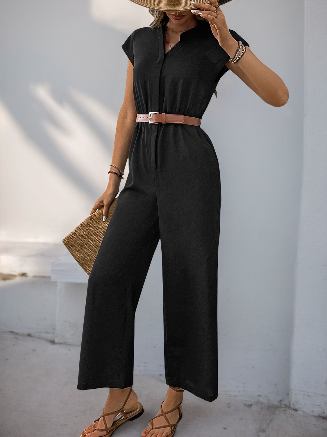 Perfee Notched Wide Leg Jumpsuit - ViarousViarousViarous