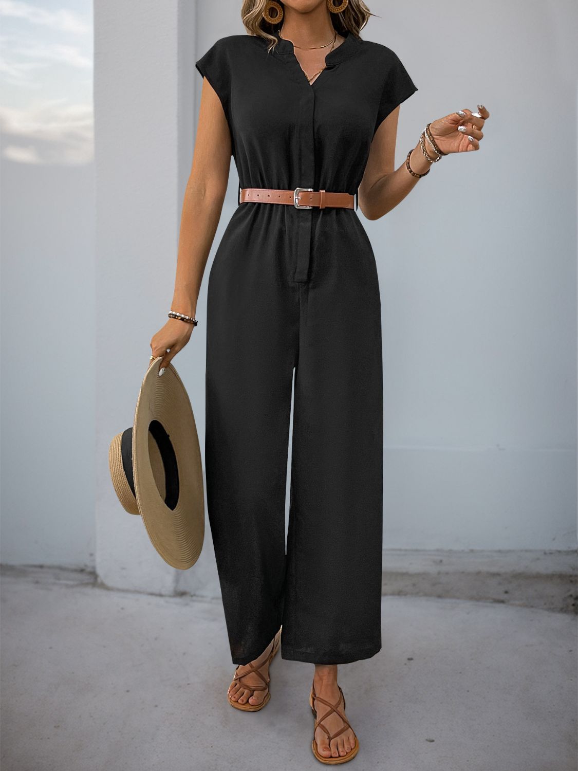 Perfee Notched Wide Leg Jumpsuit - ViarousViarousViarous