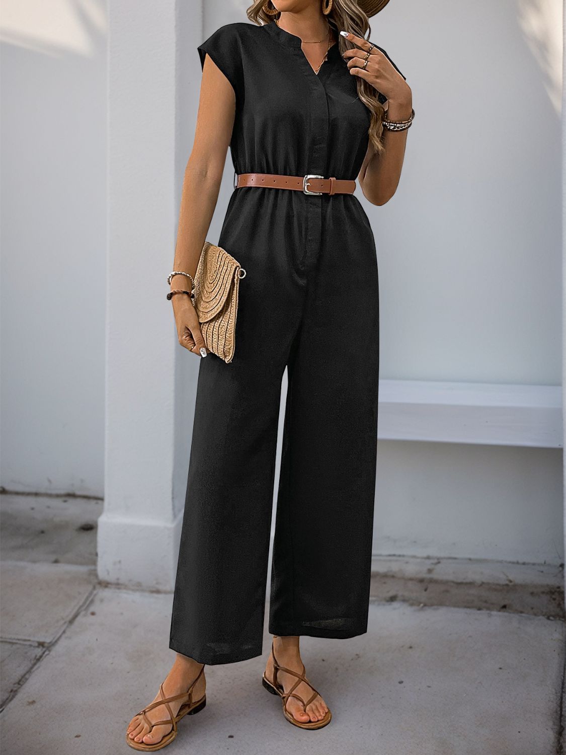 Perfee Notched Wide Leg Jumpsuit - ViarousViarousViarous