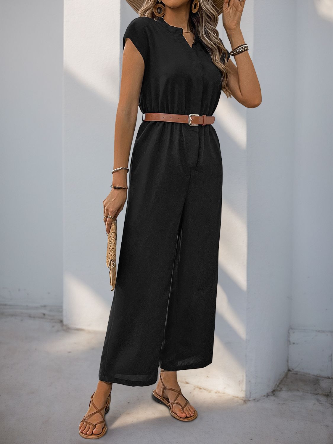 Perfee Notched Wide Leg Jumpsuit - ViarousViarousViarous