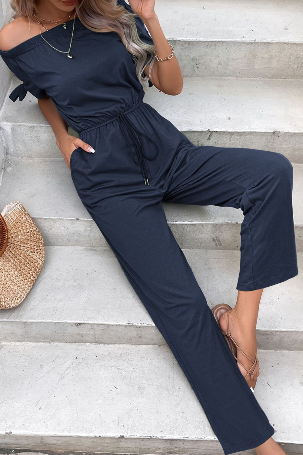 Perfee Off - Shoulder Tie Cuff Jumpsuit with Pockets - ViarousViarousViarous