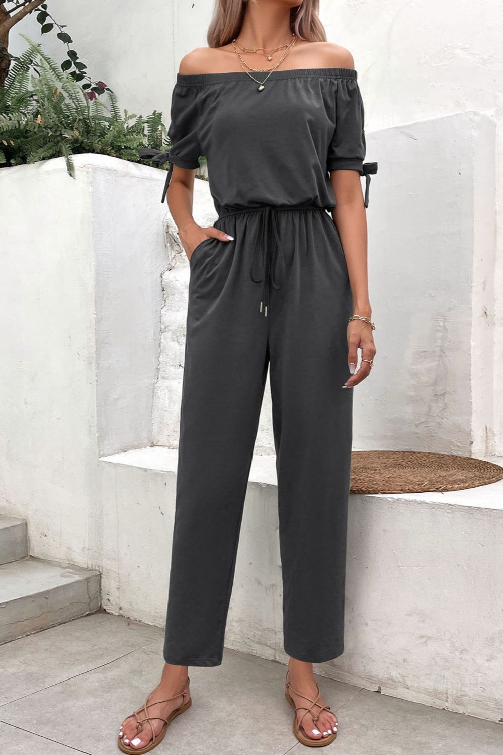 Perfee Off - Shoulder Tie Cuff Jumpsuit with Pockets - ViarousViarousViarous