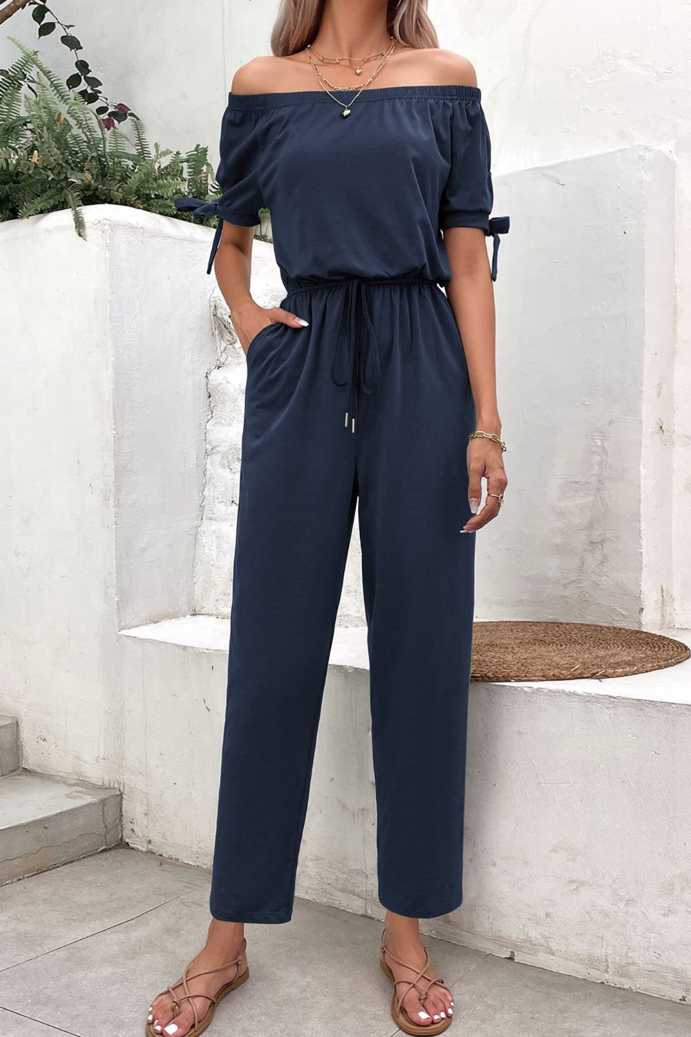 Perfee Off - Shoulder Tie Cuff Jumpsuit with Pockets - ViarousViarousViarous