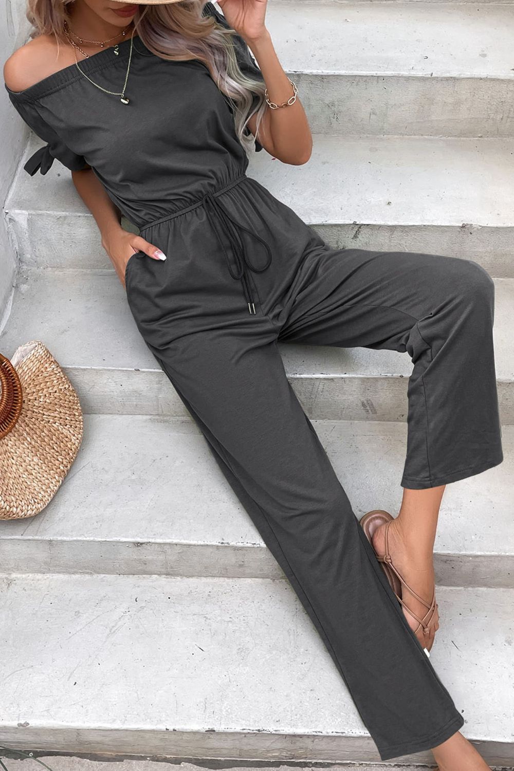 Perfee Off - Shoulder Tie Cuff Jumpsuit with Pockets - ViarousViarousViarous
