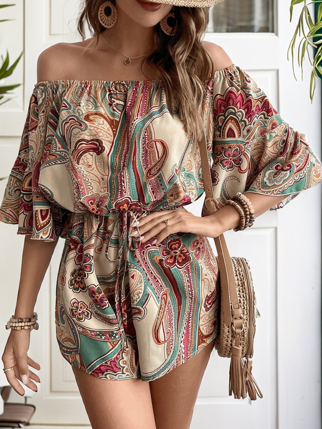 Perfee Printed Off Shoulder Half Sleeve Romper - ViarousViarousViarous