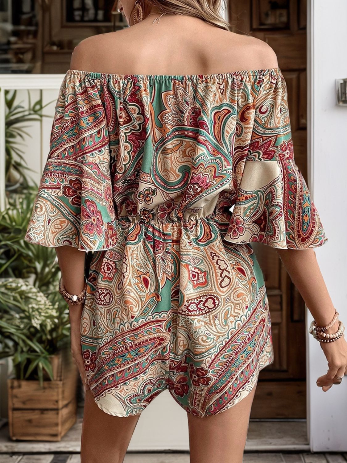 Perfee Printed Off Shoulder Half Sleeve Romper - ViarousViarousViarous