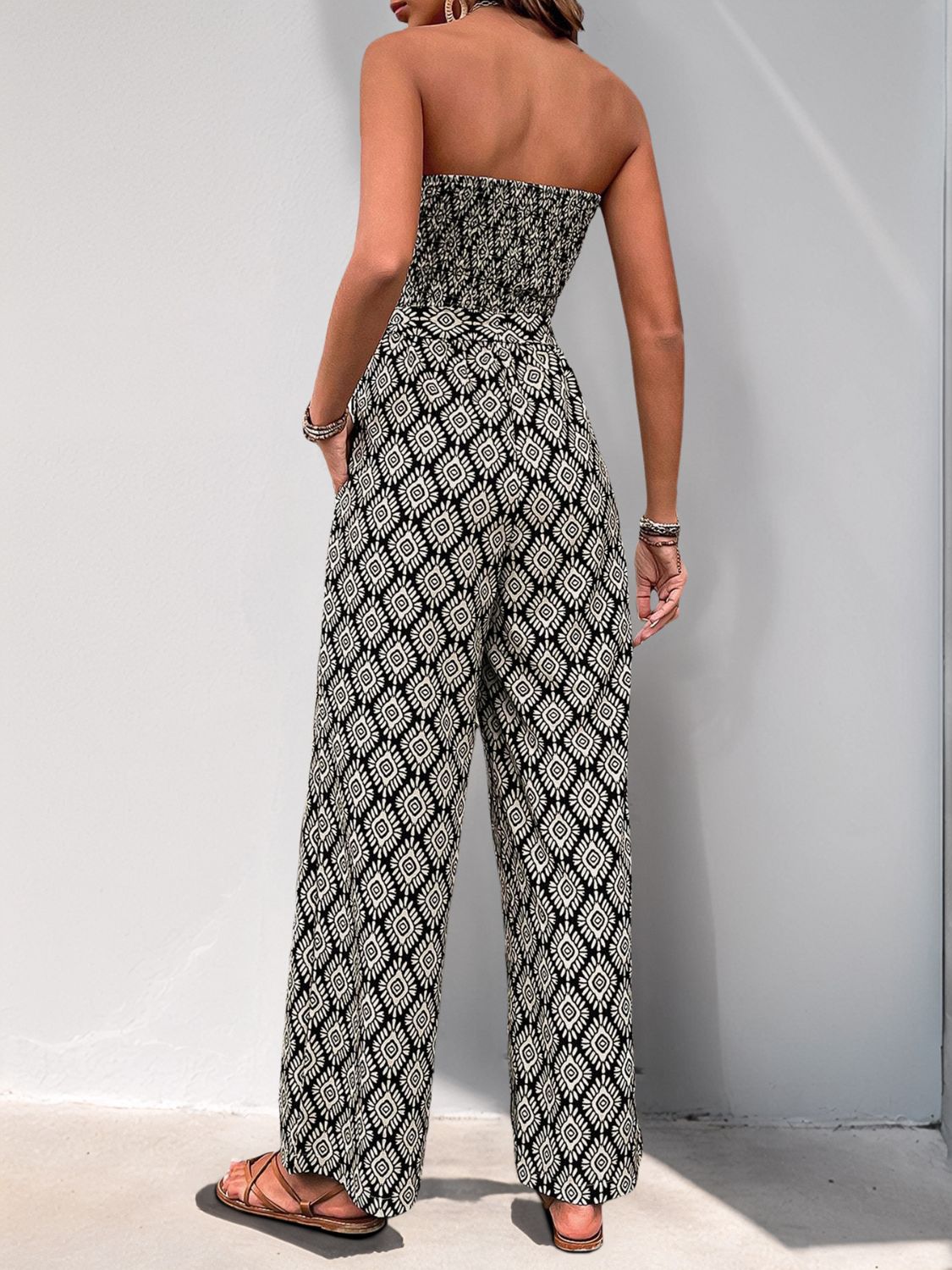 Perfee Printed Smocked Sleeveless Jumpsuit - ViarousViarousViarous