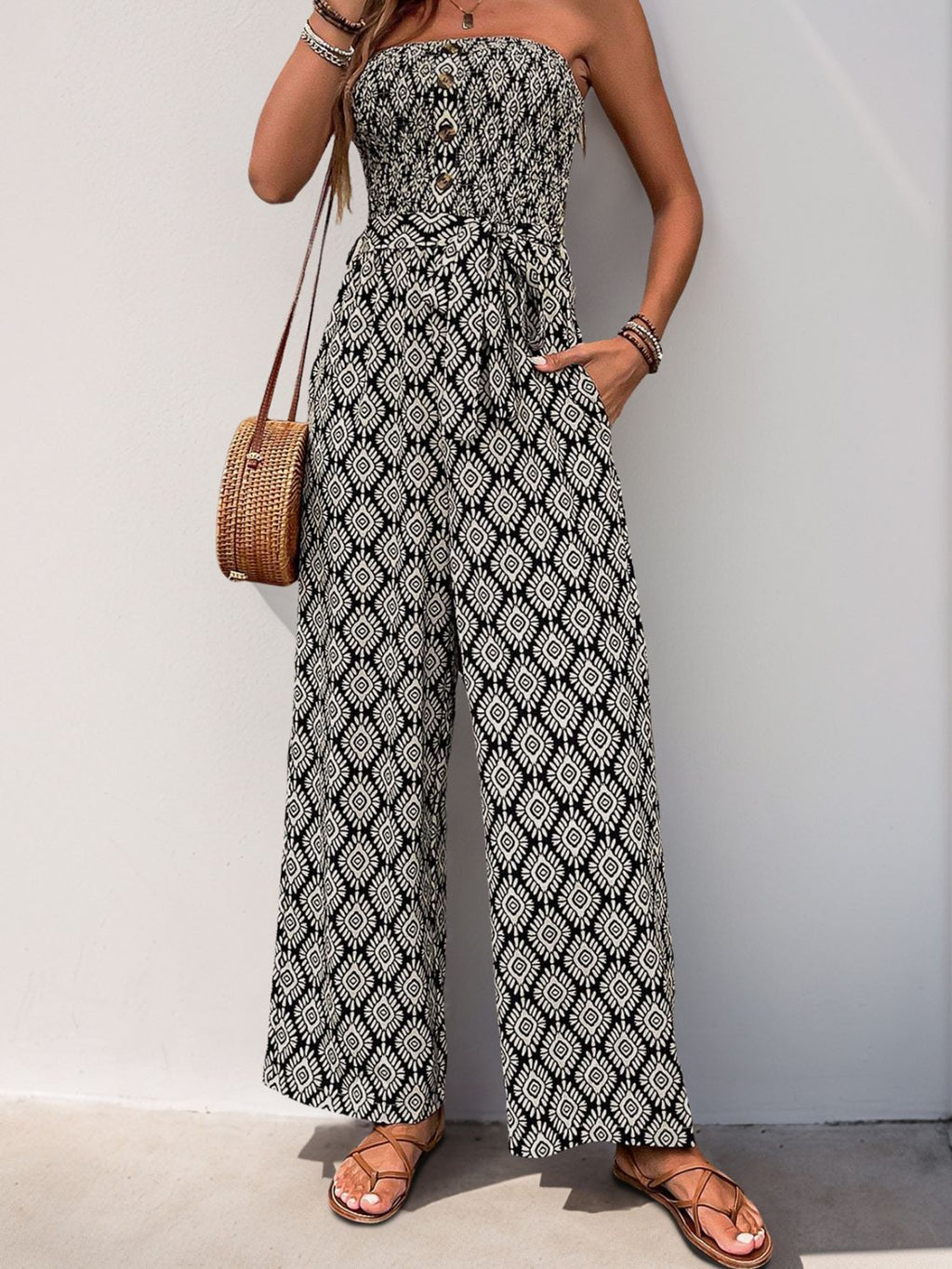 Perfee Printed Smocked Sleeveless Jumpsuit - ViarousViarousViarous