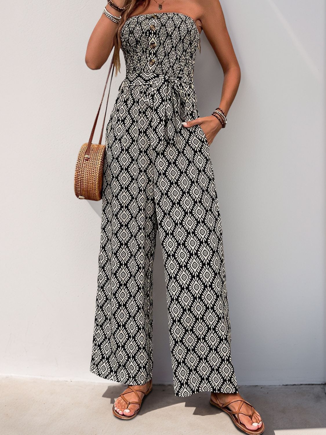 Perfee Printed Smocked Sleeveless Jumpsuit - ViarousViarousViarous