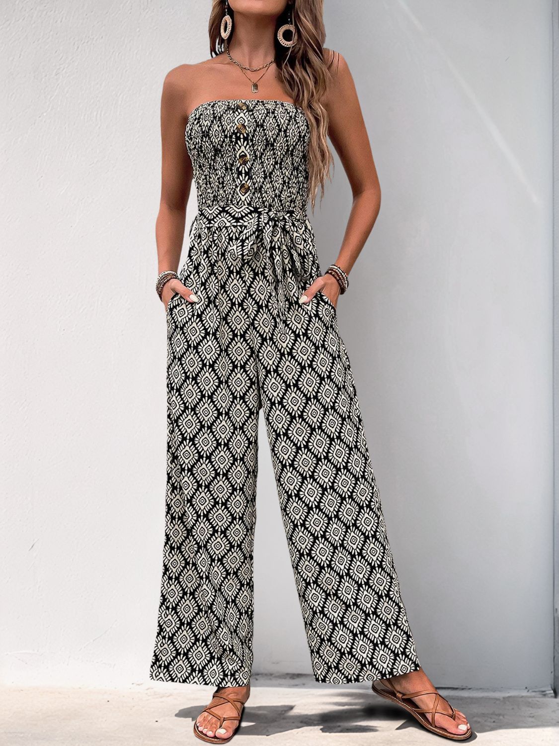 Perfee Printed Smocked Sleeveless Jumpsuit - ViarousViarousViarous