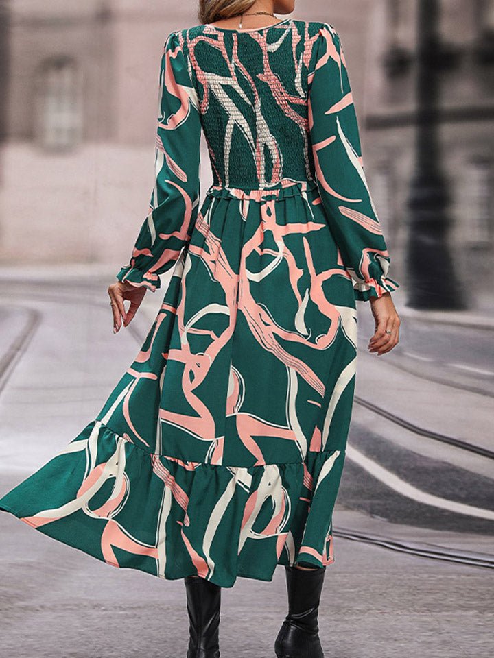 Perfee Printed Smocked V - Neck Three - Quarter Sleeve Midi Dress - ViarousViarousViarous