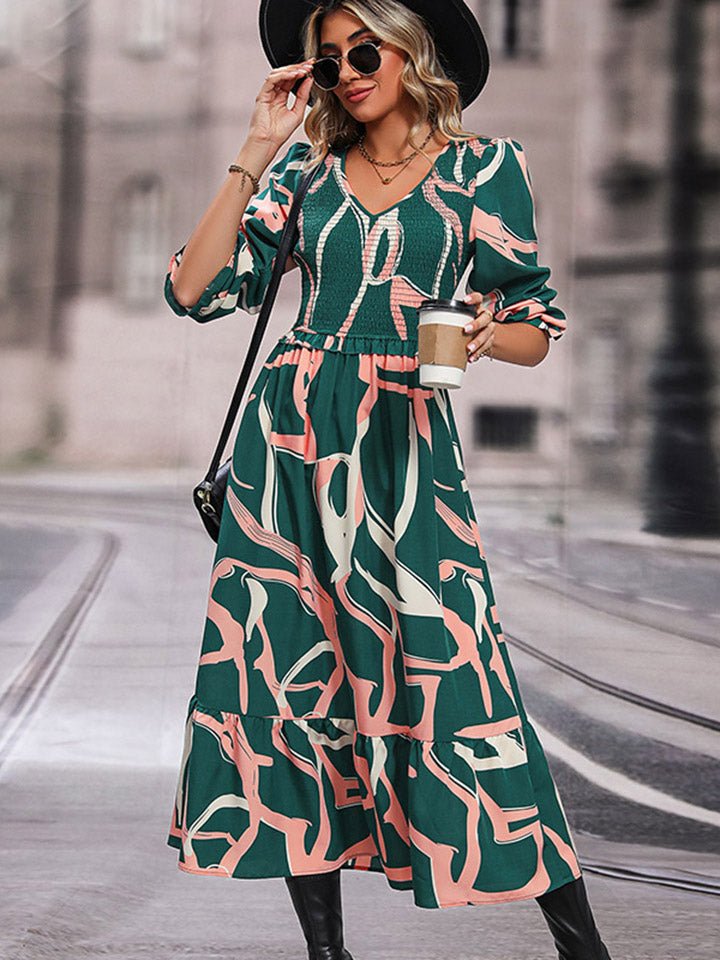 Perfee Printed Smocked V - Neck Three - Quarter Sleeve Midi Dress - ViarousViarousViarous