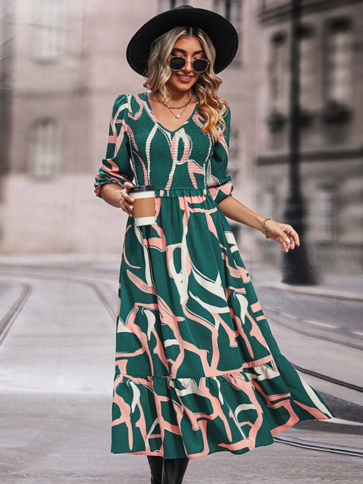 Perfee Printed Smocked V - Neck Three - Quarter Sleeve Midi Dress - ViarousViarousViarous