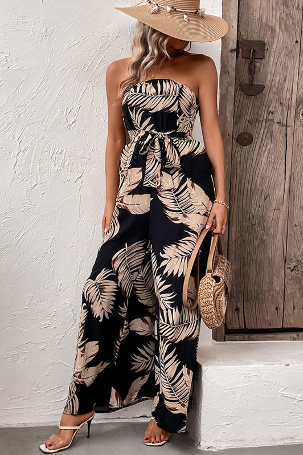 Perfee Printed Strapless Wide Leg Jumpsuit with Pockets - ViarousViarousViarous