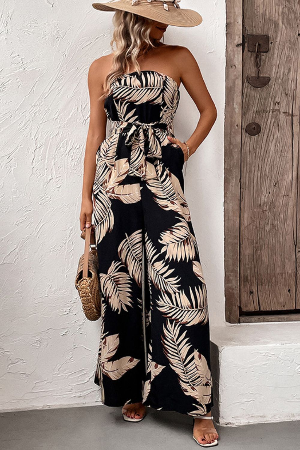 Perfee Printed Strapless Wide Leg Jumpsuit with Pockets - ViarousViarousViarous