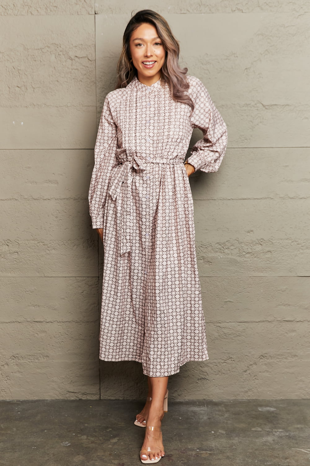 Perfee Printed Tie Waist Long Sleeve Dress - ViarousViarousViarous