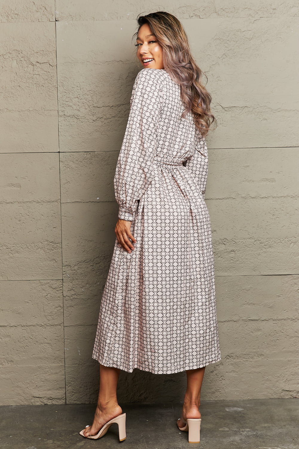 Perfee Printed Tie Waist Long Sleeve Dress - ViarousViarousViarous