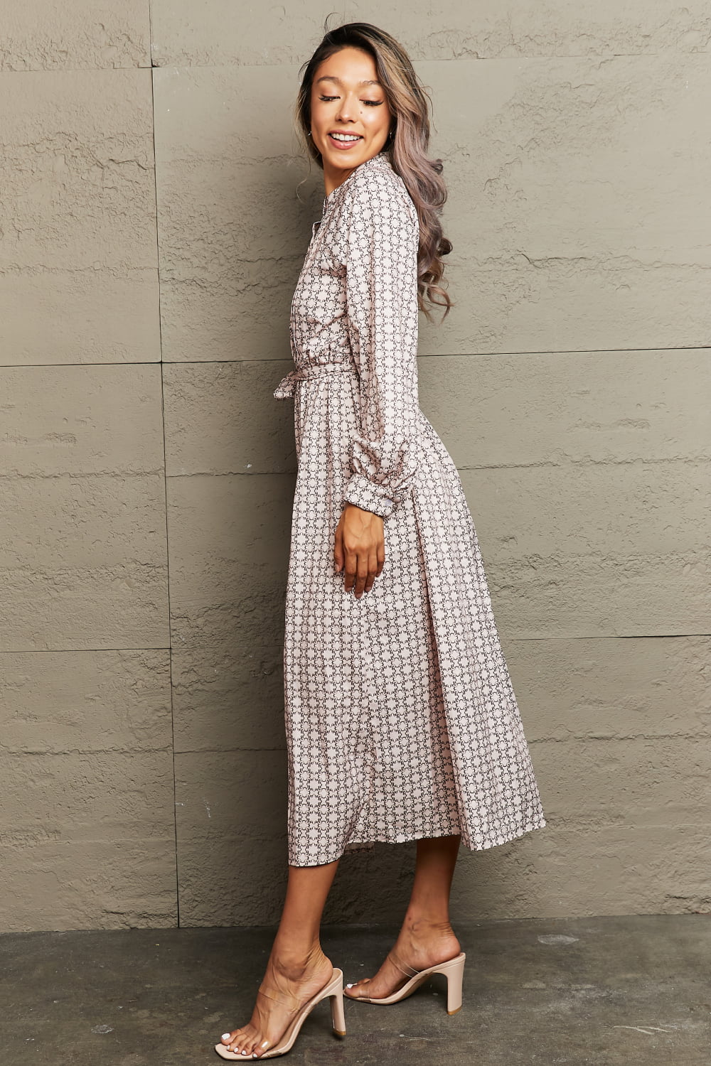 Perfee Printed Tie Waist Long Sleeve Dress - ViarousViarousViarous