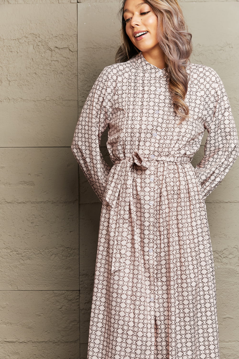 Perfee Printed Tie Waist Long Sleeve Dress - ViarousViarousViarous