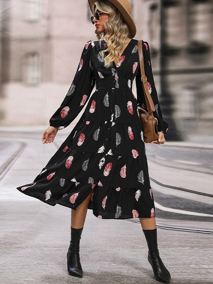 Perfee Printed V - Neck Slit Dress - ViarousViarousViarous