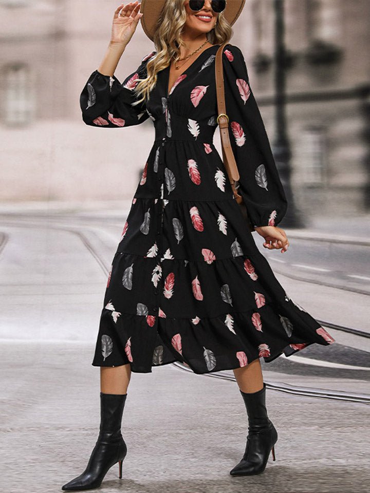 Perfee Printed V - Neck Slit Dress - ViarousViarousViarous