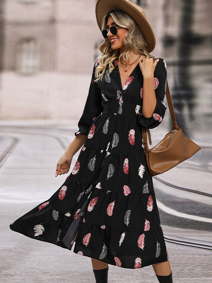 Perfee Printed V - Neck Slit Dress - ViarousViarousViarous