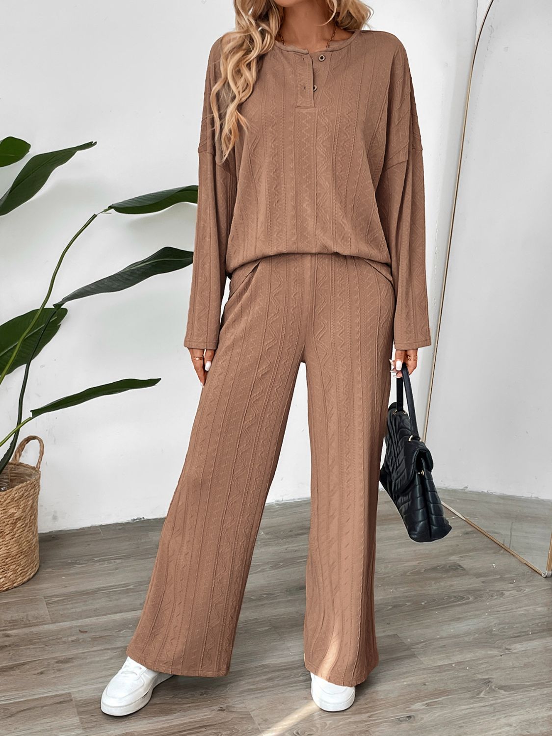 Perfee Quarter Button Long Sleeve Top and Pants Set - ViarousViarousViarous