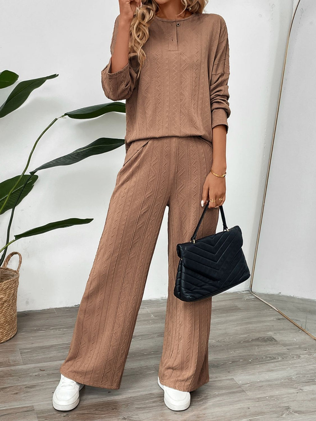 Perfee Quarter Button Long Sleeve Top and Pants Set - ViarousViarousViarous