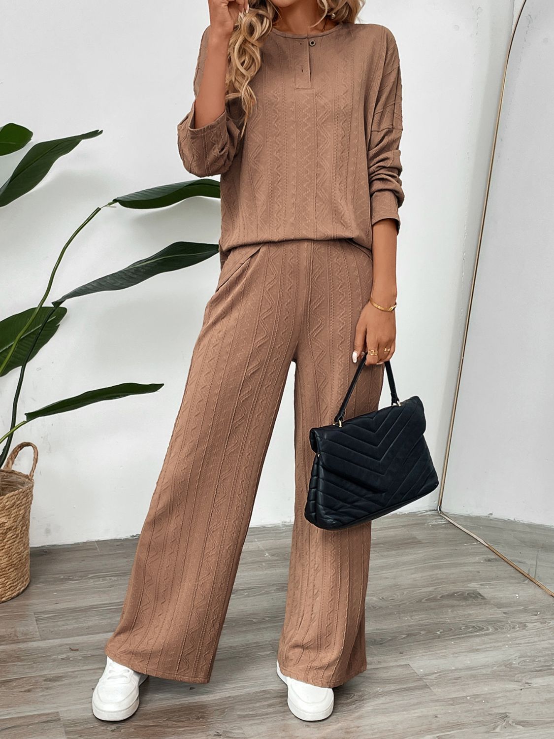 Perfee Quarter Button Long Sleeve Top and Pants Set - ViarousViarousViarous